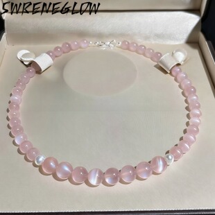 天然透膏石粉猫眼水晶项链女夏珍珠锁骨链小众高级感S925纯银颈链