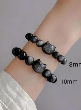 天然银曜石猫咪猫头黑曜石情侣款男女款水晶手链闺蜜个性小众设计