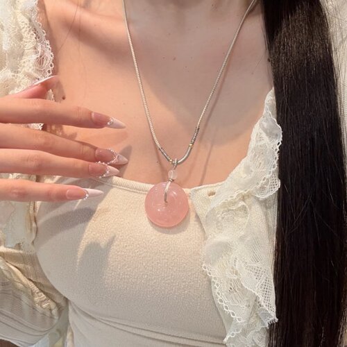 天然粉水晶银曜石平安扣情侣款项链一对情侣粉水晶平安扣项链吊坠