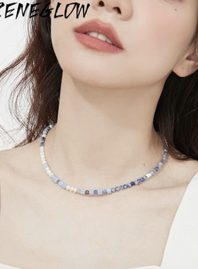 天蓝色蓝点轻奢天然石拼接白贝壳竹节链女珍珠项链轻小众奢链锁骨