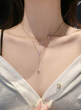 钛钢双层水钻项链女气质冷淡风颈链简约仙女网红吊坠锁骨链女现货