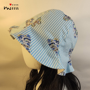 女童帽子夏季薄款纯棉印花蝴蝶小孩儿童防晒宝宝渔夫瓜皮盆帽遮阳