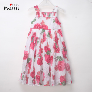 女童连衣裙春夏季红色印花大摆花朵款公主小孩儿童女马甲背心裙子