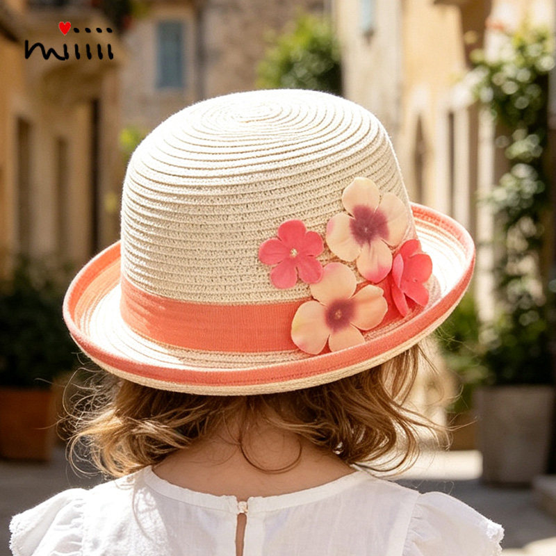 麦纷女童帽子春夏薄款草编花朵小孩儿童女宝宝渔夫盆帽防晒遮阳帽