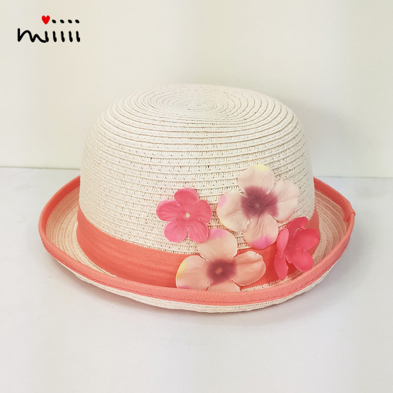 麦纷女童帽子春夏薄款草编花朵小孩儿童女宝宝渔夫盆帽防晒遮阳帽