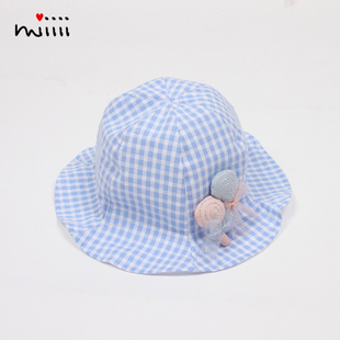 初秋季女童帽子薄款遮阳蓝格纯棉棒棒糖小孩儿童宝宝渔夫瓜皮盆帽