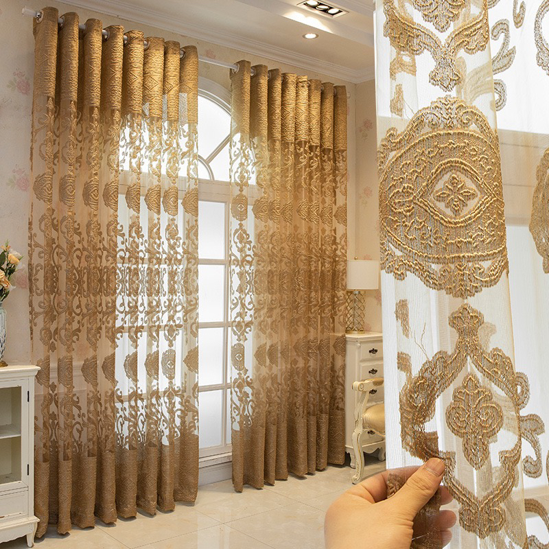 高档奢华欧式绣花窗纱窗帘客厅卧室阳台别墅宫廷金色遮光成品纱帘