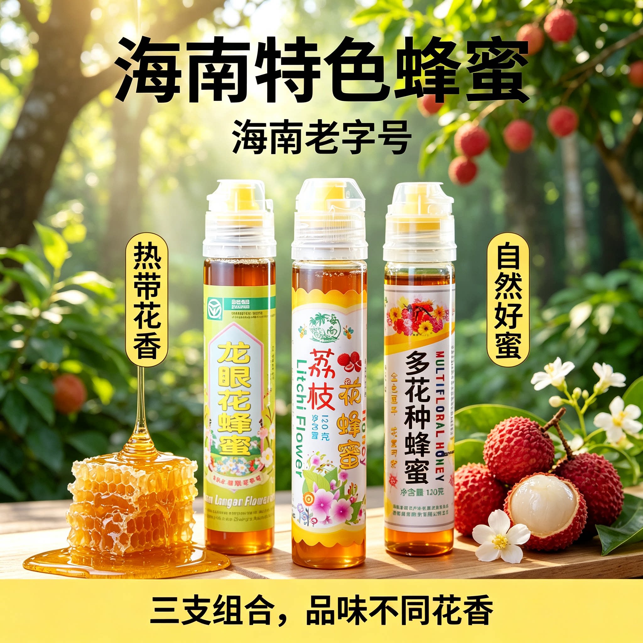 海南蜂蜜卓津蜂蜜热带花蜜源便携装多花荔枝龙眼蜜组合装三种口味