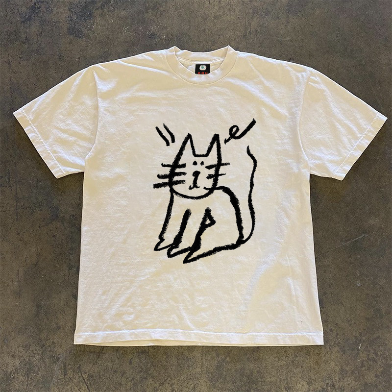 王有病工作室 治愈系T恤白色蜡笔小猫涂鸦男女款半袖oversize上衣