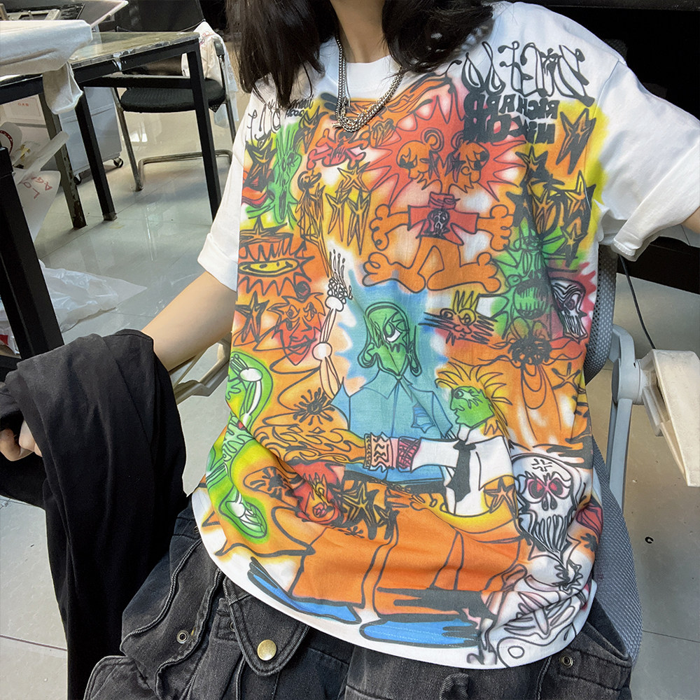 thumbnail for Wang Youbing Studio 260G blockbuster! Two-dimensional painted graffiti oversize niche men's and women's short-sleeved T-shirts