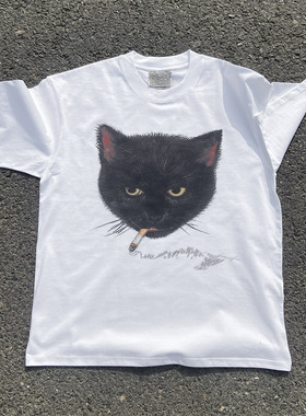 王有病工作室 220G 透气正肩版 ！霸气黑猫学生宽松情侣短袖T恤