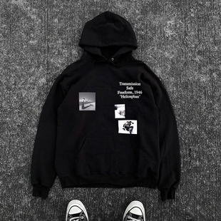 清仓款！oldschool美式复古拼接高级感黑色连帽卫衣宽松慵懒风