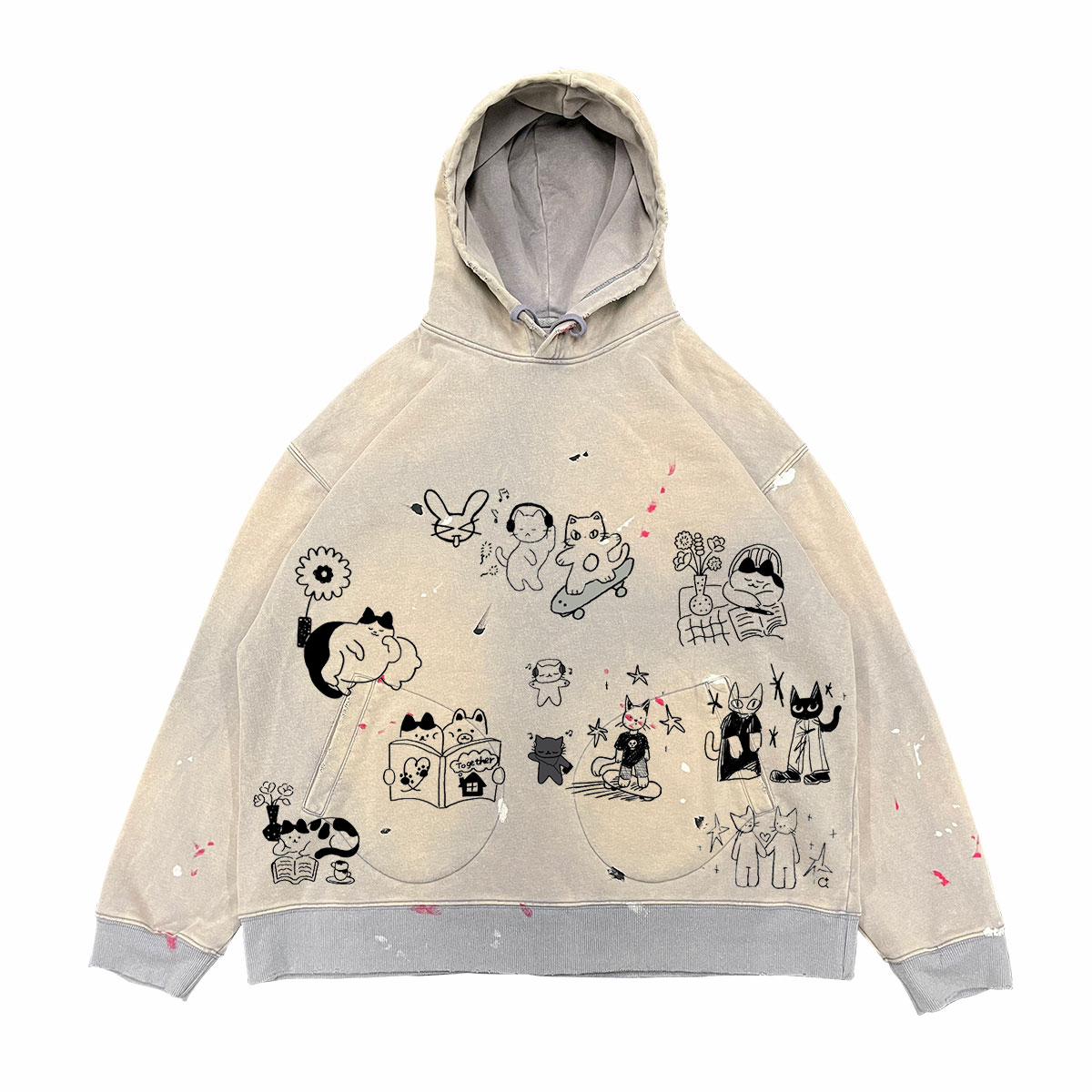 王有病工作室 美式复古涂鸦亚文化可爱春秋卫衣连帽水洗复古外套