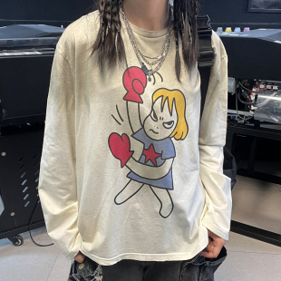 清仓款!美式复古奈良美智打拳日系艺术感小众可爱脏脏长袖T恤