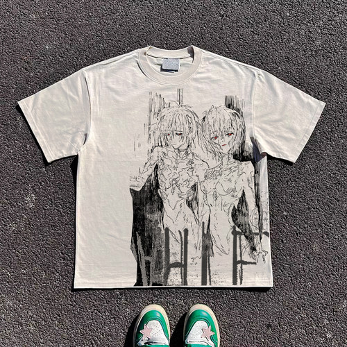 王有病工作室 重磅260G！怀旧老动漫线稿落肩短袖T恤男女情侣装