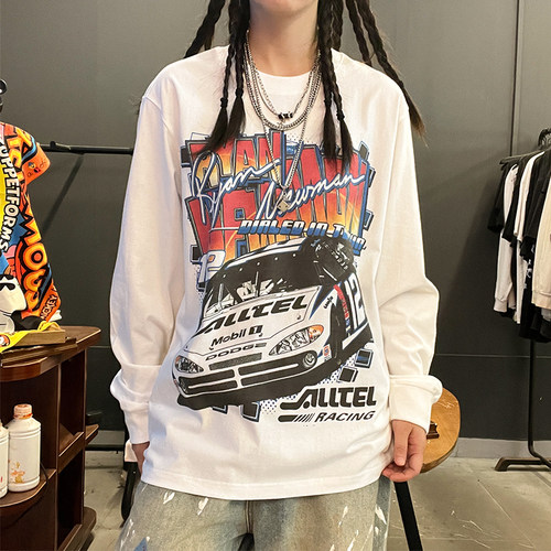 清仓款！oldschool美式复古慵懒风赛车高级感重磅长袖T恤上衣宽松