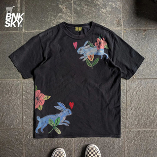 T恤男女ins情侣装 王有病工作室 兔子花草短袖 透气正肩版 220G