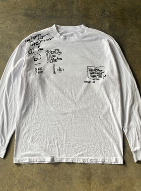 清仓款！暗黑系美式复古骷髅骨头涂鸦韩版宽松长袖T恤重磅慵懒风