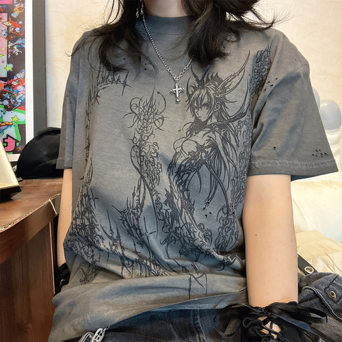 王有病工作室 ！180克破洞亚文化千禧风宽松短袖男女同款短袖T恤