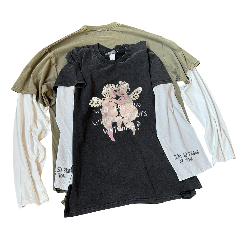 清仓款！卡通美式复古天使慵懒风做旧水洗破坏大地色真两件套上衣