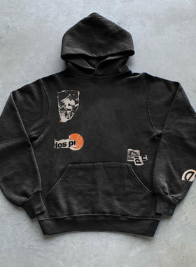 vintage美式复古海报风简约拼接秋季新款连帽卫衣男女情侣上衣