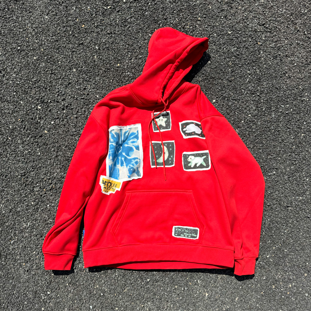 王有病工作室 纯手工缝制星星贴布破旧毛边情侣装红色连帽卫衣