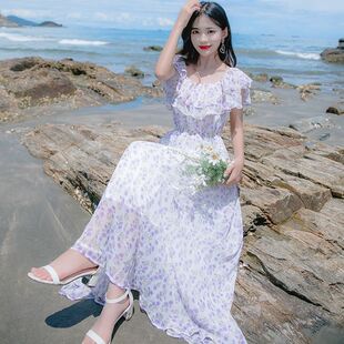 夏季新款雪纺碎花连衣裙一字肩甜美仙女超仙初恋沙滩裙海边度假甜
