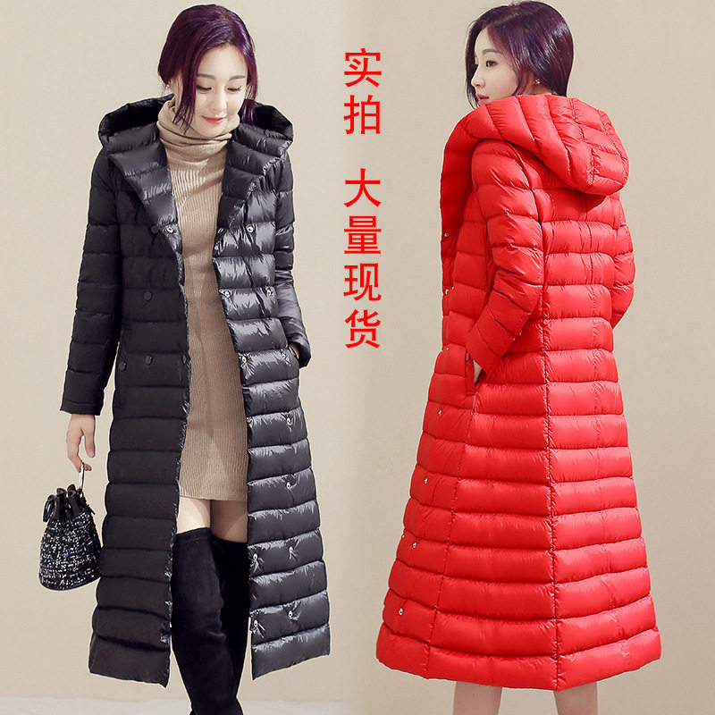 秋冬连帽衣双排扣修身显瘦大码过膝轻薄棉服外套女长款