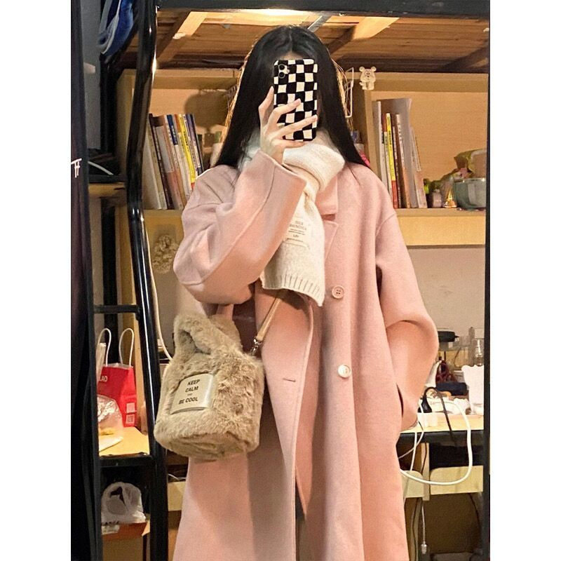 呢子加绒大衣女韩版宽松小个子中长款羊毛呢大衣外套