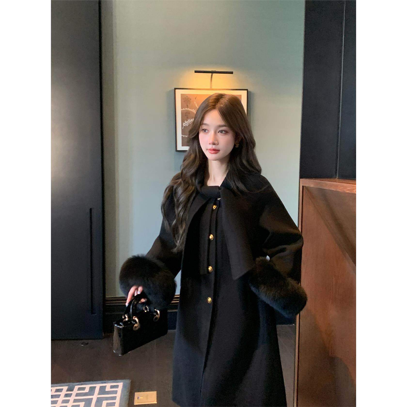 约会日温柔千金狐狸毛双面羊绒大衣女高级感羊毛呢中长款外套黑色