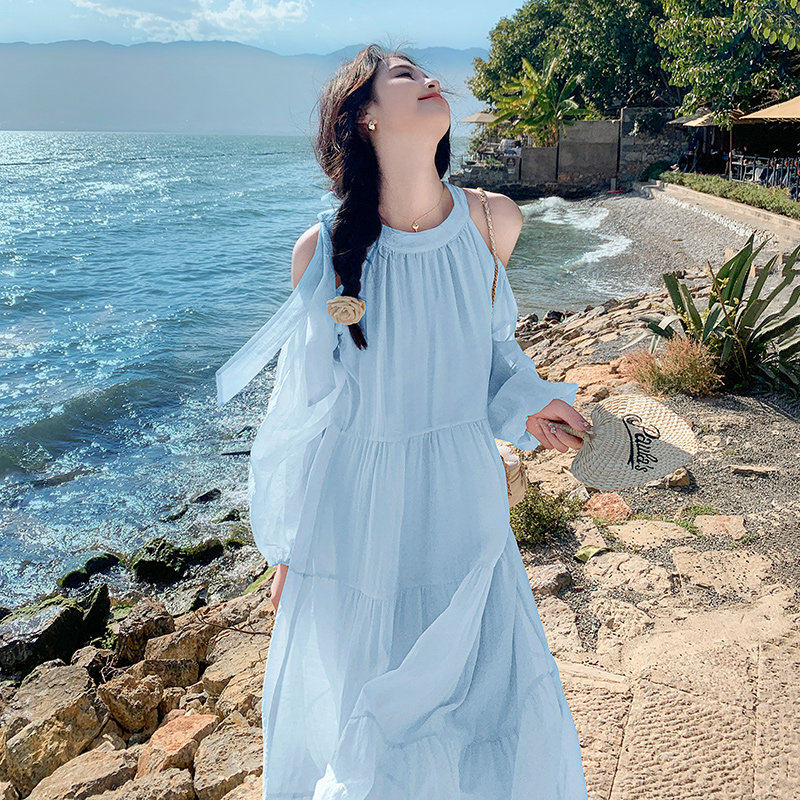 浅蓝海边度假洋装女春夏