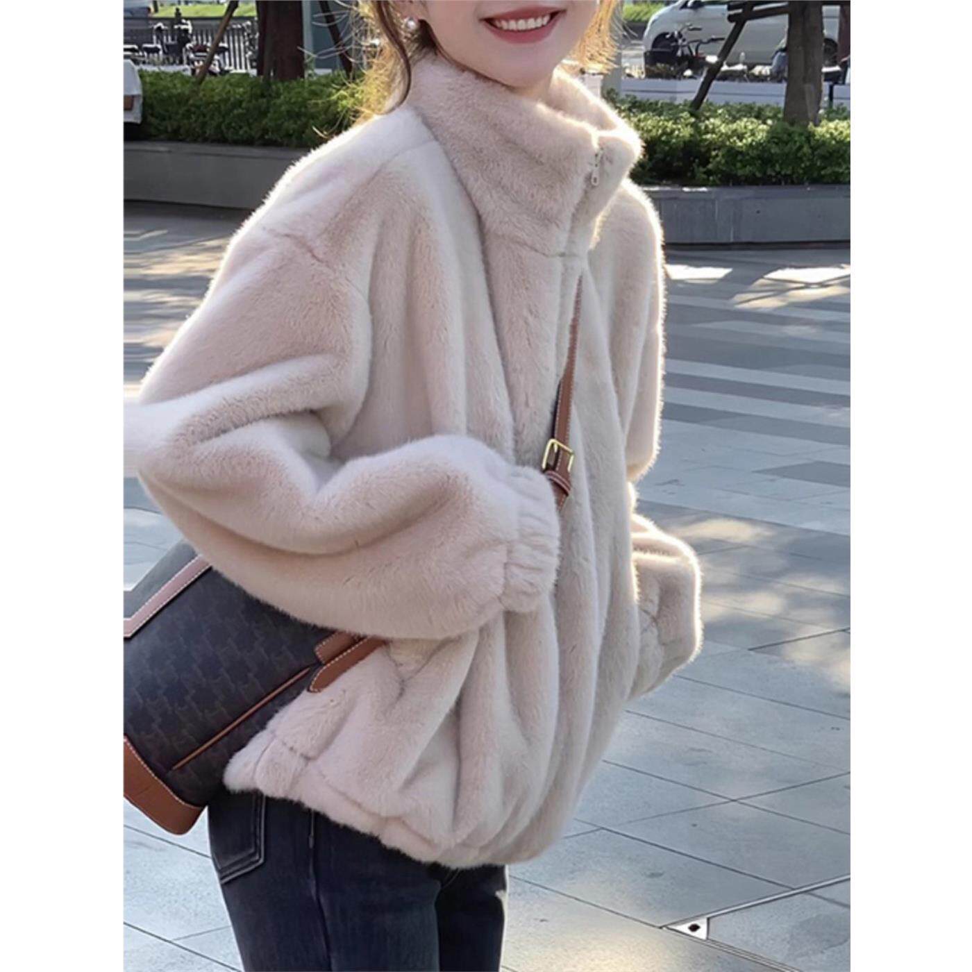 皮毛一体羊羔毛立领外套女秋冬季超好看加厚夹克上衣毛毛绒
