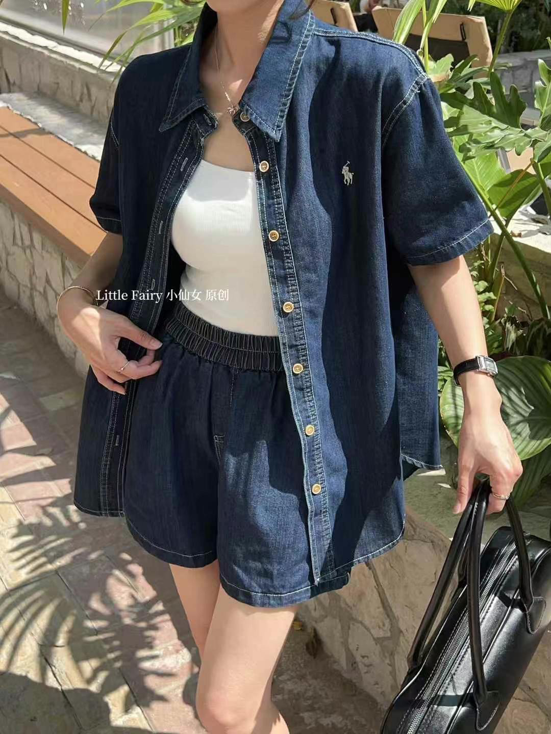 2025年早春新款小马刺绣牛仔套装女短袖衬衫上衣高腰两件套