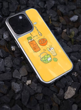 橙味饮品插画电镀玻璃黑框磨砂手机壳适用苹果iphone17promax华为华为P60PRO荣耀300PROVIVOIQOO12PRO华为MAT