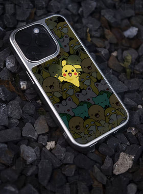 皮卡丘醒目电镀玻璃黑框磨砂手机壳适用苹果iphone17promax华为华为PURA80ULTRAVIVOX200PROMINI华为MATE50PR