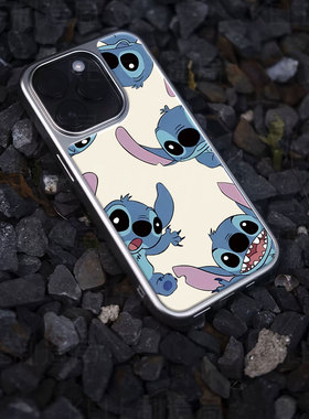 史迪奇群像电镀玻璃黑框磨砂手机壳适用苹果iphone17promax华为华为PURA70PROPLUS华为P60PRO华为MATE70PROPL