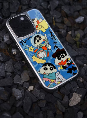 蜡笔小新电镀玻璃黑框磨砂手机壳适用苹果iphone17promax华为OPPORENO13小米17PROMAXVIVOX200PROMINI小米15P