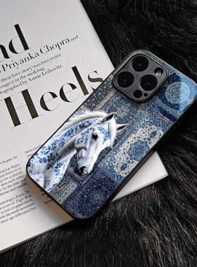 苹果17promax青花白马玻璃手机壳马年新年祝福有钱适用苹果华为荣耀300至尊荣耀500proFINDX8PRO小米17PROMAX