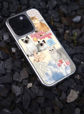 可爱猫咪电镀玻璃黑框磨砂手机壳适用苹果iphone17promax华为华为PURA70ULTRA华为PURA80PROPLUSVIVOX200PROM