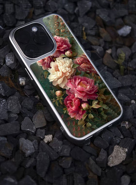 牡丹盛开电镀玻璃黑框磨砂手机壳适用苹果iphone17promax华为VIVOX200PROMINI小米15ULTRA小米17PROMAX华为PU