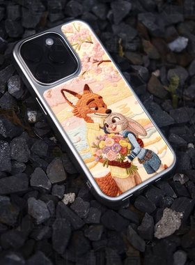 狐兔相拥电镀玻璃黑框磨砂手机壳适用苹果iphone17promax华为小米14ULTRAVIVOX200PROMINI华为PURA80ULTRA荣