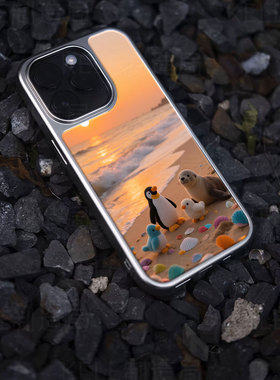 海滩日落电镀玻璃黑框磨砂手机壳适用苹果iphone17promax华为华为MATE50PRO华为MATE60PROPLUSVIVOX200PROMIN