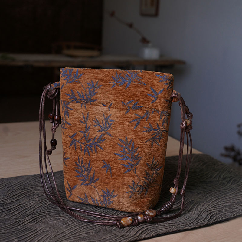 新中式文艺呢绒提花竹子双层单肩斜跨手拎包布袋小百搭礼品秋冬