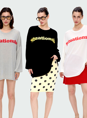 BlingCharm*休闲亲肤天丝羊毛圆领字母印花宽松慵懒长袖罩衫T恤