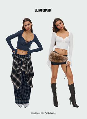 BlingCharm*圆领日常短款绑带褶皱花边条纹紧身短款长袖打底T恤