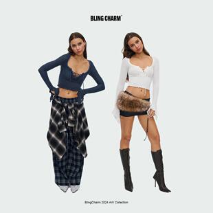 BlingCharm 绑带褶皱花边条纹紧身短款 长袖 打底T恤 圆领日常短款