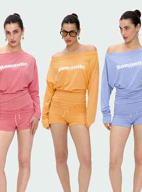 BlingCharm*美式做旧条纹松弛一字领斜肩收腰长袖T恤休闲短裤套装