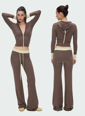BlingCharm*修身撞色垂感慵懒柔软连帽拉链开衫休闲直筒长裤套装