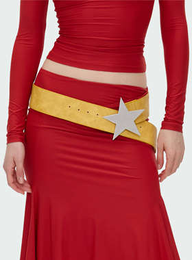 BlingCharm*时髦小众百搭重工造型Y2K宽边不锈钢星星PU皮带宽腰带