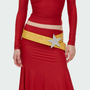 BlingCharm*时髦小众百搭重工造型Y2K宽边不锈钢星星PU皮带宽腰带